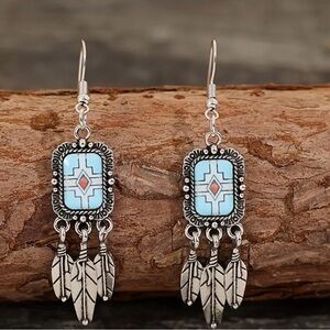 Turquoise Blue Western Feather Dangle Earrings